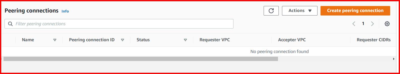 Picture showing the Peering Connection screen in AWS console